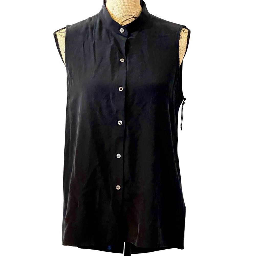 Symphony + note black sleeveless blouse with back cut out 100% silk, size Small